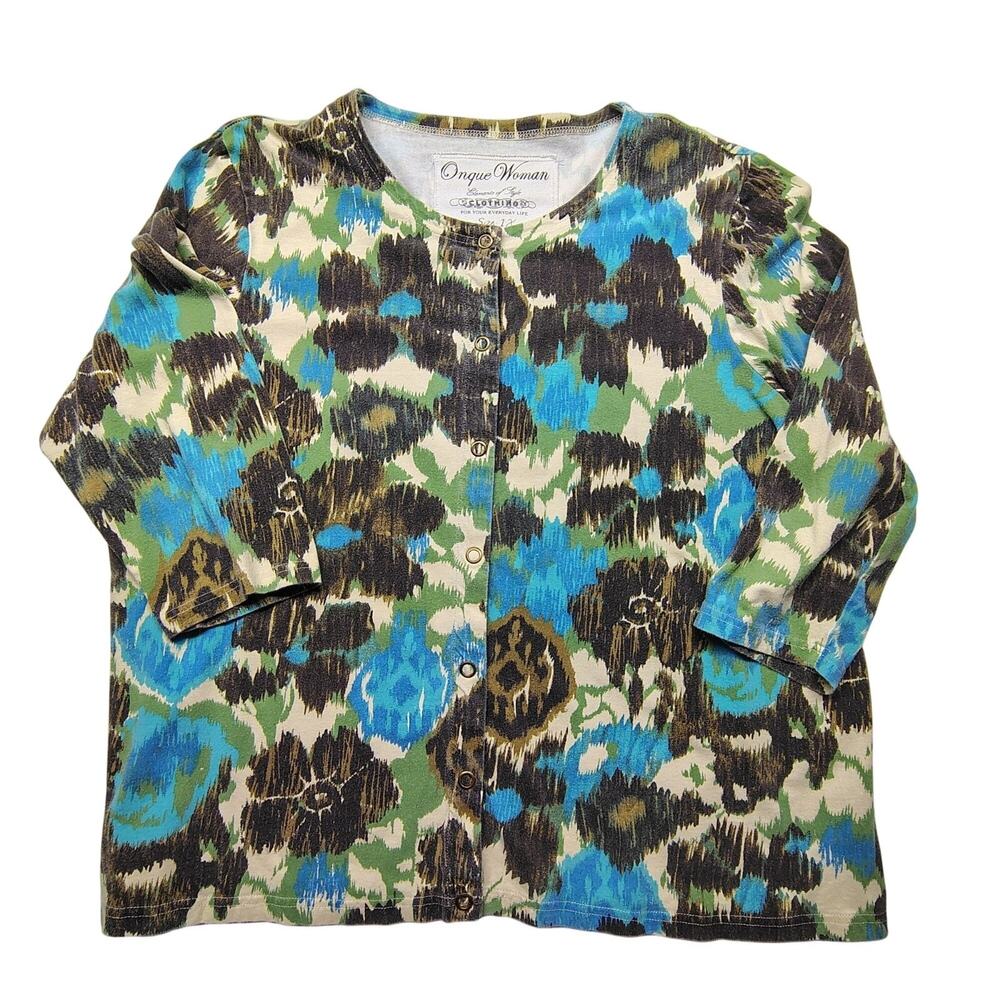Onque Abstract Women's Shirt Cardigan Blue 1X Turquoise Funky 3/4 Sleeve